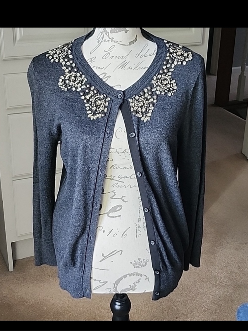 Ann Taylor LOFT Embellished Charcoal Gray Women's Cardigan Sweater MEDIUM